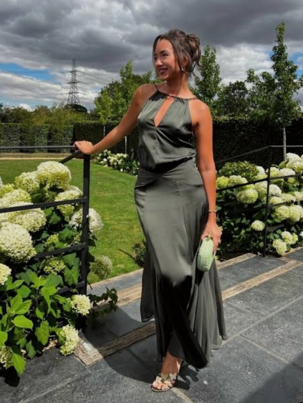 Zara Olive Green Satin Halter Maxi Dress